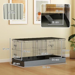 Jaula para Animales Pequeños 2 en 1, Recinto para Conejos y Cobayas con Tapa Desmontable y Fondo Impermeable, Jaulas Separadas con Puerta Central y Rampa, 121X61X61 Cm, Negro