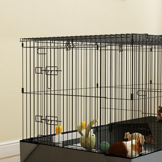 Jaula para Animales Pequeños 2 en 1, Recinto para Conejos y Cobayas con Tapa Desmontable y Fondo Impermeable, Jaulas Separadas con Puerta Central y Rampa, 121X61X61 Cm, Negro