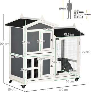 Conejera Exterior para 2 Conejos en Madera de Abeto y Techo de Betún con Bandeja Extraíble y Área de Carrera Compartida, 110X60X104 Cm, Gris y Blanco