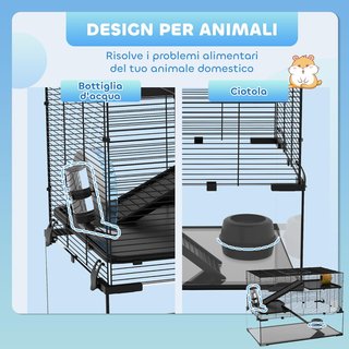 Jaula para Hámster, Jaulita para Hámster, Gerbilos y Pequeños Animales en Alambre de Acero y Vidrio con Rueda, Plataformas, Rampas, Base Desmontable, Bebedero y Comedero, 76.5X48.5X54.5 Cm, Negro
