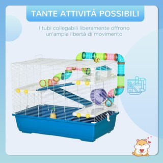 Jaula para Hámsteres de 4 Niveles con Rueda, Casa y Tubos, Jaula para Roedores de Acero, PP y PS con Asas de Transporte, 79X46X60 Cm, Azul y Blanco