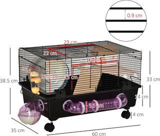 Jaula para Hámsteres de Varios Niveles con Casa, Comedero y Bebedero, Túnel y Rueda, Jaula para Pequeños Roedores con 4 Ruedas