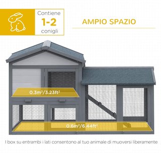 Conejera Jaula para Conejos de Madera para Exterior con Casita, Espacio Abierto Cercado y Techo 147X54X84Cm
