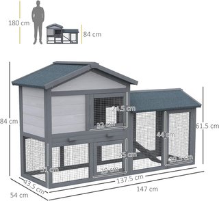 Conejera Jaula para Conejos de Madera para Exterior con Casita, Espacio Abierto Cercado y Techo 147X54X84Cm