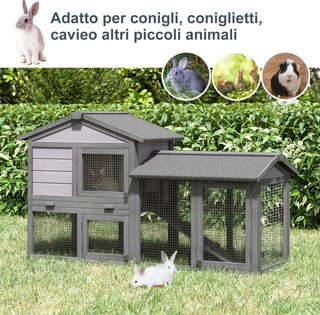 Conejera Jaula para Conejos de Madera para Exterior con Casita, Espacio Abierto Cercado y Techo 147X54X84Cm