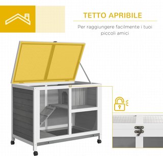 Conejera de Madera de 2 Niveles con Casita para Conejos y Cobayas, Jaula para Conejos con Rampa y Bandeja Extraíble, 91.5X53.3X73Cm, Gris
