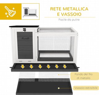Conejera Para Exterior e Interior con Ruedas para 1-2 Conejos con Bandeja Extraíble y Múltiples Entradas, Casa para Conejos de Madera de Abeto y Acero, 91X51X66 Cm, Gris Blanco y Negro