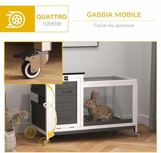 Conejera Para Exterior e Interior con Ruedas para 1-2 Conejos con Bandeja Extraíble y Múltiples Entradas, Casa para Conejos de Madera de Abeto y Acero, 91X51X66 Cm, Gris Blanco y Negro