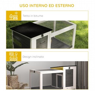 Conejera Para Exterior e Interior con Ruedas para 1-2 Conejos con Bandeja Extraíble y Múltiples Entradas, Casa para Conejos de Madera de Abeto y Acero, 91X51X66 Cm, Gris Blanco y Negro