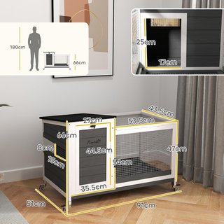 Conejera Para Exterior e Interior con Ruedas para 1-2 Conejos con Bandeja Extraíble y Múltiples Entradas, Casa para Conejos de Madera de Abeto y Acero, 91X51X66 Cm, Gris Blanco y Negro