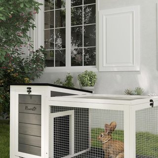 Conejera Para Exterior e Interior con Ruedas para 1-2 Conejos con Bandeja Extraíble y Múltiples Entradas, Casa para Conejos de Madera de Abeto y Acero, 91X51X66 Cm, Gris Blanco y Negro