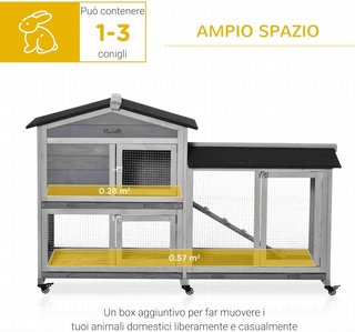 Jaula para Conejos de Exterior con 6 Ruedas, Puertas Múltiples, Conejera de Madera de Abeto con Rampa, Casa para Conejos y Espacio Abierto Cercado, Gris