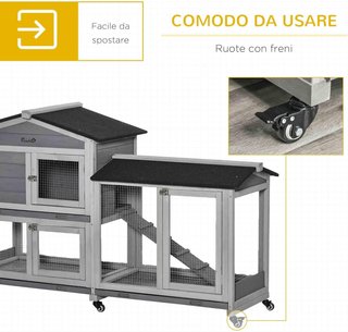 Jaula para Conejos de Exterior con 6 Ruedas, Puertas Múltiples, Conejera de Madera de Abeto con Rampa, Casa para Conejos y Espacio Abierto Cercado, Gris
