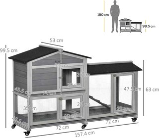 Jaula para Conejos de Exterior con 6 Ruedas, Puertas Múltiples, Conejera de Madera de Abeto con Rampa, Casa para Conejos y Espacio Abierto Cercado, Gris