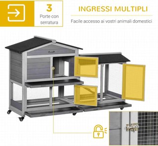 Jaula para Conejos de Exterior con 6 Ruedas, Puertas Múltiples, Conejera de Madera de Abeto con Rampa, Casa para Conejos y Espacio Abierto Cercado, Gris