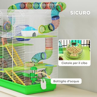 Jaula para Hámsters y Roedores de 5 Niveles, Jaula para Hámsters con Tubos de Colores, Rueda, Casa y Accesorios Incluidos, 47X30X59 Cm, Verde