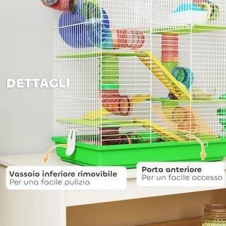 Jaula para Hámsters y Roedores de 5 Niveles, Jaula para Hámsters con Tubos de Colores, Rueda, Casa y Accesorios Incluidos, 47X30X59 Cm, Verde