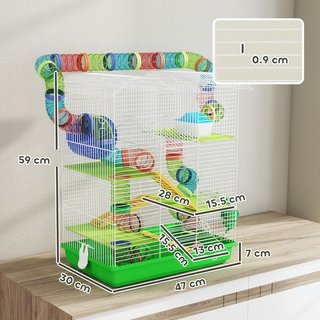 Jaula para Hámsters y Roedores de 5 Niveles, Jaula para Hámsters con Tubos de Colores, Rueda, Casa y Accesorios Incluidos, 47X30X59 Cm, Verde