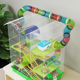 Jaula para Hámsters y Roedores de 5 Niveles, Jaula para Hámsters con Tubos de Colores, Rueda, Casa y Accesorios Incluidos, 47X30X59 Cm, Verde