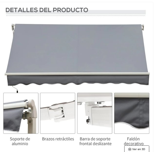 Toldo Retráctil Gris 3x2.5m Manual