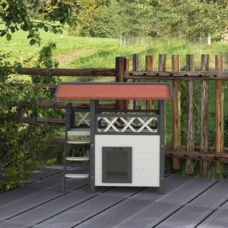 Casa para Gatos de Exterior con Terraza y Escalera, Cucha para Gatos y Pequeños Animales de Madera, 77X50X73Cm, Blanco y Gris