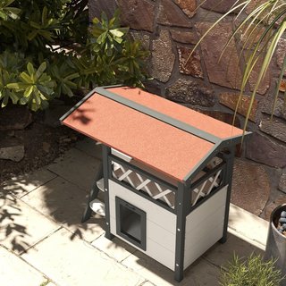 Casa para Gatos de Exterior con Terraza y Escalera, Cucha para Gatos y Pequeños Animales de Madera, 77X50X73Cm, Blanco y Gris