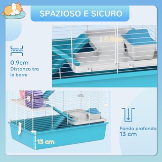 Jaula para Hámsters de 6 Niveles con Tubos, Casa, Botella de Agua, Rampas, Cuenco, Plataformas, 2 Puertas y Rueda, Jaula para Roedores y Gerbiles, de Metal, PP y PS, 58X36X81 Cm, Azul