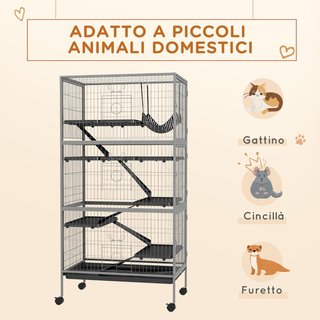 Jaula para Animales Pequeños con 6 Entradas a Niveles Múltiples con Hamaca, Jaula para Roedores, Hurones, Chinchillas de Metal y PP, 80X52X159 Cm, Plata y Gris