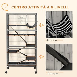 Jaula para Animales Pequeños con 6 Entradas a Niveles Múltiples con Hamaca, Jaula para Roedores, Hurones, Chinchillas de Metal y PP, 80X52X159 Cm, Plata y Gris