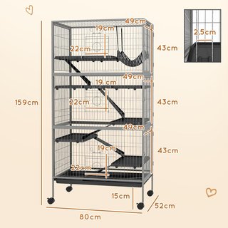 Jaula para Animales Pequeños con 6 Entradas a Niveles Múltiples con Hamaca, Jaula para Roedores, Hurones, Chinchillas de Metal y PP, 80X52X159 Cm, Plata y Gris