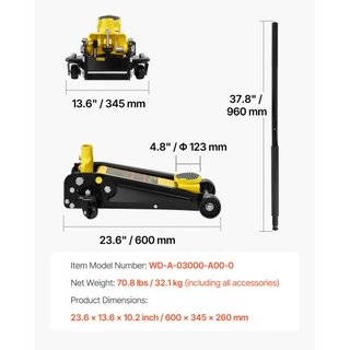Gato de Piso, Gato de Piso de Perfil Bajo de 3 Toneladas, Gato de Piso de Acero de Alta Resistencia con Bomba de Elevación Rápida de Pistón Único, Rango de Elevación del Gato de Piso 5.12"-20"