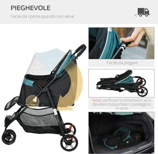 Carrito para Perros Pequeños y Mini de 3 Ruedas, Carrito Plegable para Animales con Cubierta Impermeable, Cesta y Correa, Verde Oscuro