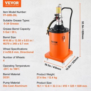 Bomba de Grasa, 5 Galones 20L, Bomba de Grasa Operada por Aire con Manguera de Alta Presión de 13 pies y Pistola de Grasa, Bomba de Cubo de Grasa Neumática con Ruedas, Bomba de Grasa de Lubricació...