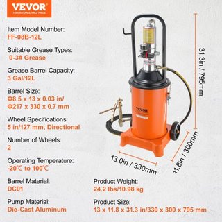Bomba de Grasa, 3 Galones 12L, Bomba de Grasa Operada por Aire con Manguera de Alta Presión de 13 pies y Pistola de Grasa, Bomba de Cubo de Grasa Neumática con Ruedas, Bomba de Grasa de Lubricació...