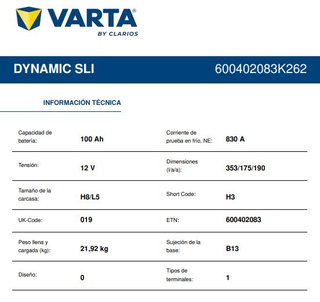Batería Varta H3 Dynamic SLI 100Ah