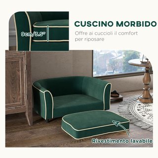 Sofá para Perros de Tamaño Pequeño y Mediano Elegante con Cojín, Sofá para Perros en Tejido Efecto Terciopelo y Madera, 79X56X35 Cm, Verde Oscuro