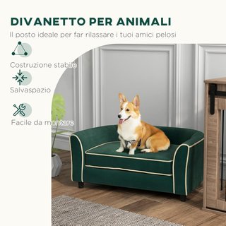 Sofá para Perros de Tamaño Pequeño y Mediano Elegante con Cojín, Sofá para Perros en Tejido Efecto Terciopelo y Madera, 79X56X35 Cm, Verde Oscuro