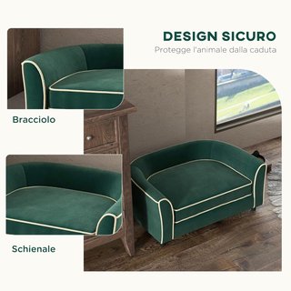 Sofá para Perros de Tamaño Pequeño y Mediano Elegante con Cojín, Sofá para Perros en Tejido Efecto Terciopelo y Madera, 79X56X35 Cm, Verde Oscuro