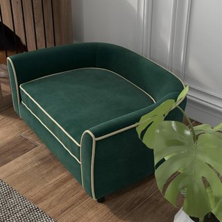Sofá para Perros de Tamaño Pequeño y Mediano Elegante con Cojín, Sofá para Perros en Tejido Efecto Terciopelo y Madera, 79X56X35 Cm, Verde Oscuro