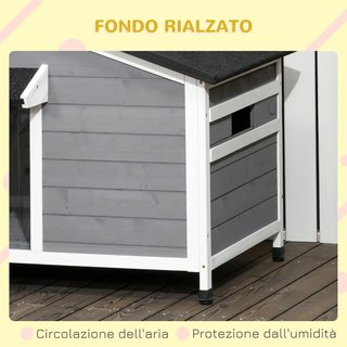 Casa para Perros de Tamaño Pequeño y Mediano en Madera de Abeto, Diseño Elevado con Toldo Protector, 2 Ventanas y Fondo Extraíble, 109X79X72 Cm