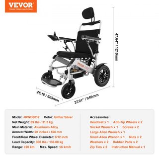 Silla de ruedas eléctrica plegable motorizada 300 lbs/136 kg con respaldo ajustable 20 in/50.8 cm W