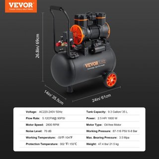 Compresor de Aire 35.2 L 1800W 5.12 CFM@ 90PSI 70 dB Ultra Silencioso Sin Aceite