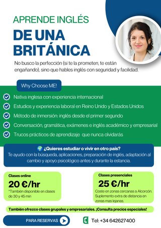 Profesora de inglés nativa; clases para todo.