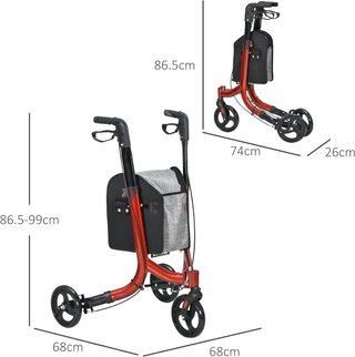 Andador Ajustable Con 3 Ruedas Y Bolsa De Almacenamiento, Andador Para Ancianos De Aluminio Con Doble Freno, 68X68X86.5-99 Cm, Rojo