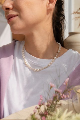 Collar perlas naturales flores cuentas oro