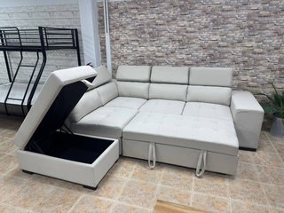 Sofá Cama Diseño Moderno Beige + Doble Puff