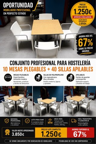 10 Mesas + 40 Sillas Hostelería Profesional