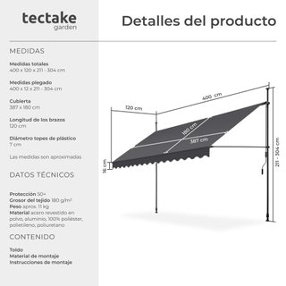 Toldo plegable para balcón con manivela, 400x120x211 - 304 cm, negro