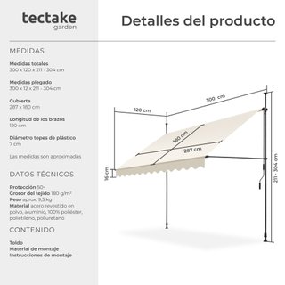 Toldo plegable para balcón con manivela 300 x 120 x 211 - 304cm, beige