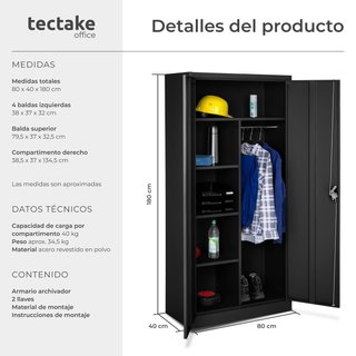 Armario archivador de acero con cierre 180 x 80 x 40 cm negro